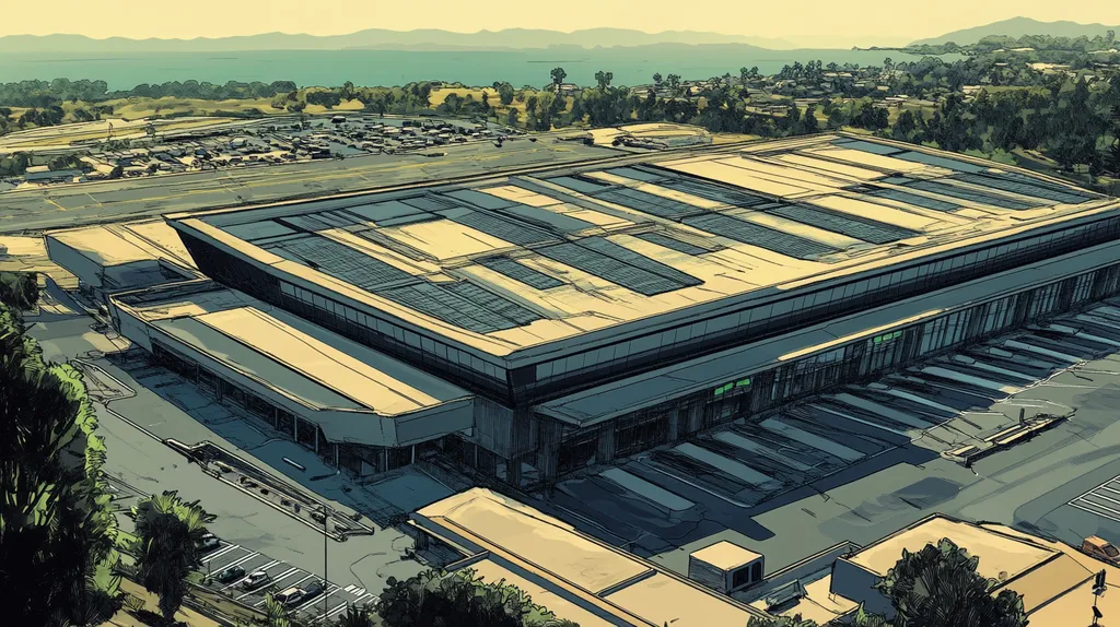 A commercial roof on an airport terminal in a location similar to Malibu with a comic book style aesthetic (AI image)