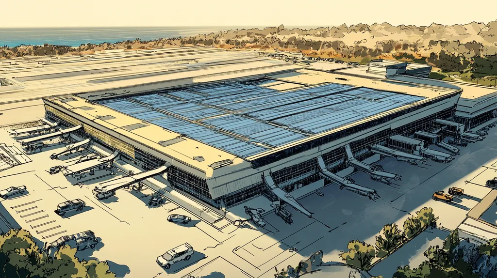 A commercial roof on an airport terminal in a location similar to Malibu with a comic book style aesthetic (AI image)