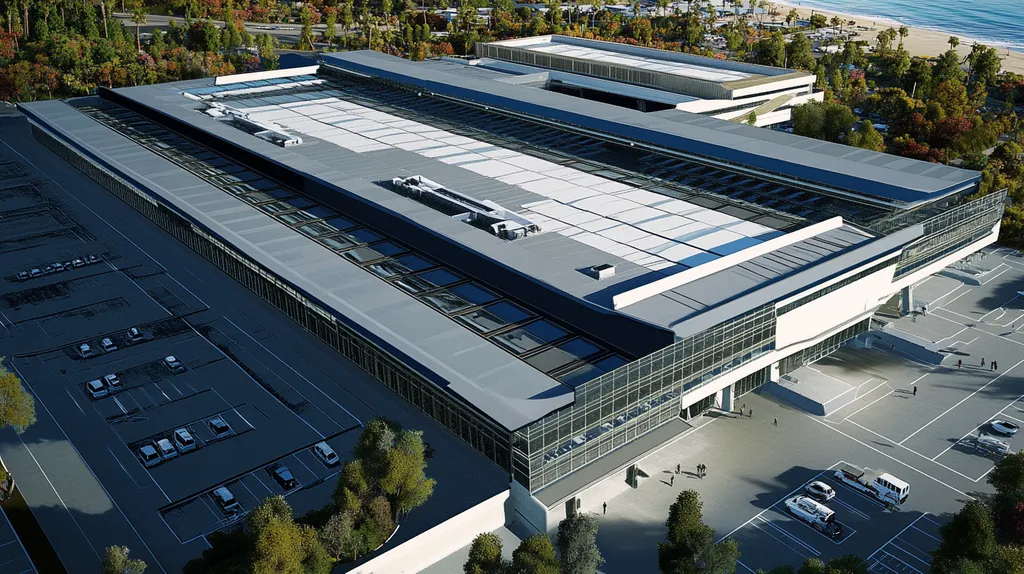 A commercial roof on an airport terminal in a location similar to Malibu with a comic book style aesthetic (AI image)