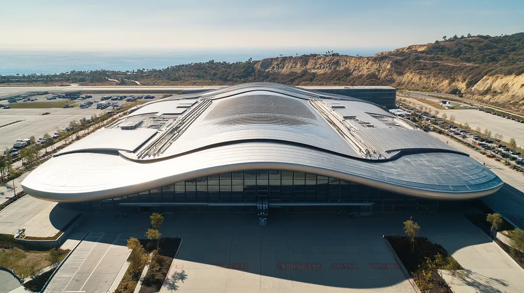 A commercial roof on an airport terminal in a location similar to Malibu with a futuristic aesthetic (AI image)