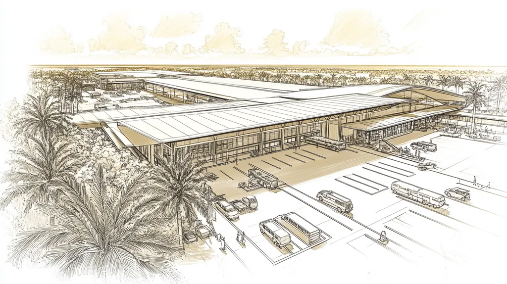 A commercial roof on an airport terminal in a location similar to Miami with an architectural sketch rendering aesthetic (AI image)