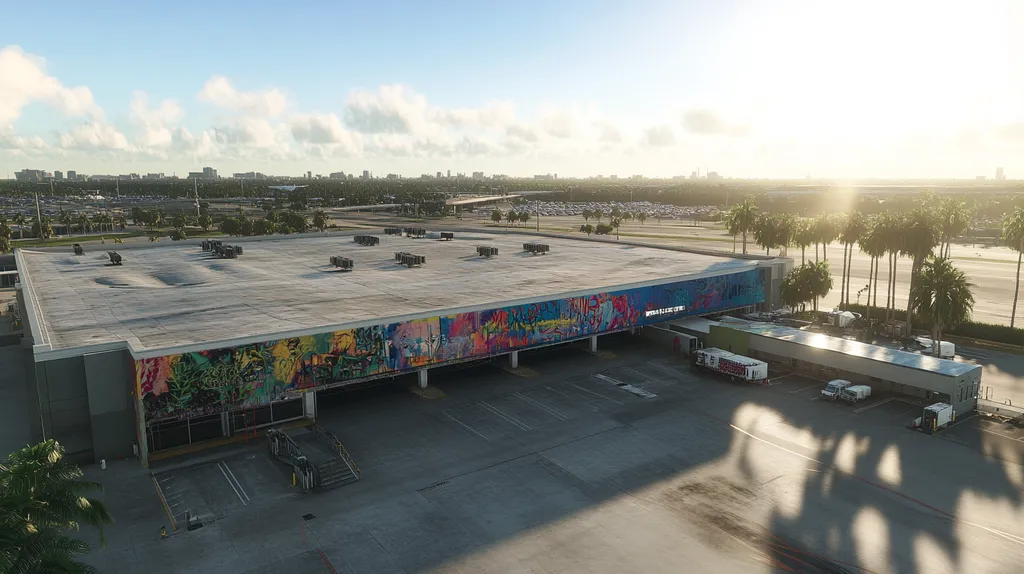 A commercial roof on an airport terminal in a location similar to Miami with a graffiti mural aesthetic (AI image)
