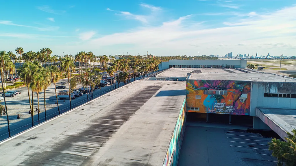 A commercial roof on an airport terminal in a location similar to Miami with a graffiti mural aesthetic (AI image)