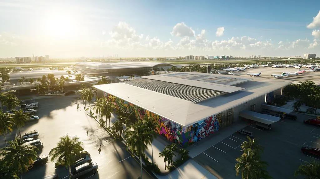 A commercial roof on an airport terminal in a location similar to Miami with a graffiti mural aesthetic (AI image)