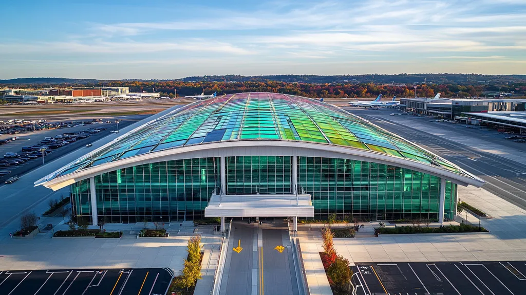 A commercial roof on an airport terminal in a location similar to Nashville with a stained glass style aesthetic (AI image)