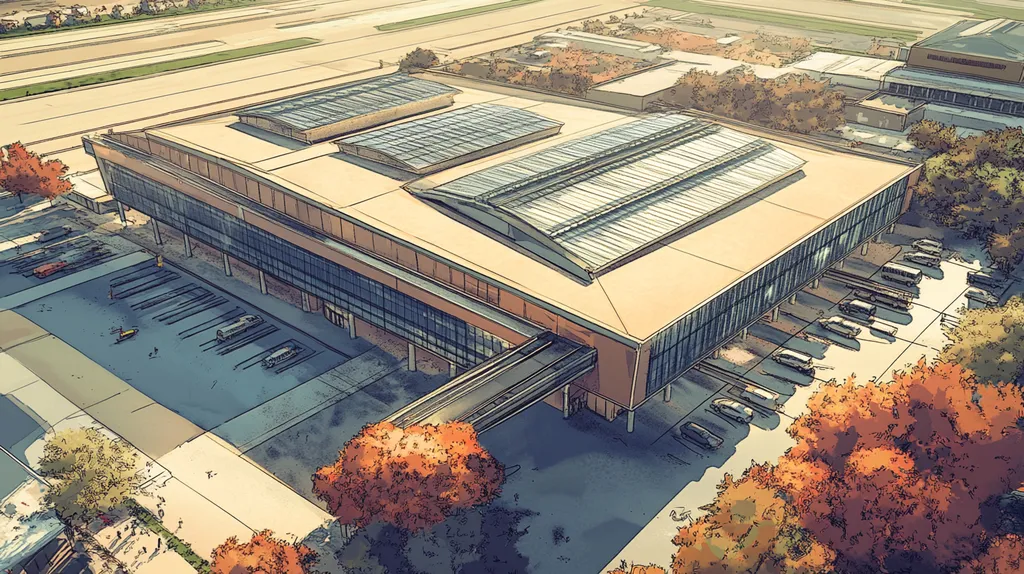 A commercial roof on an airport terminal in a location similar to New Orleans with a comic book style aesthetic (AI image)