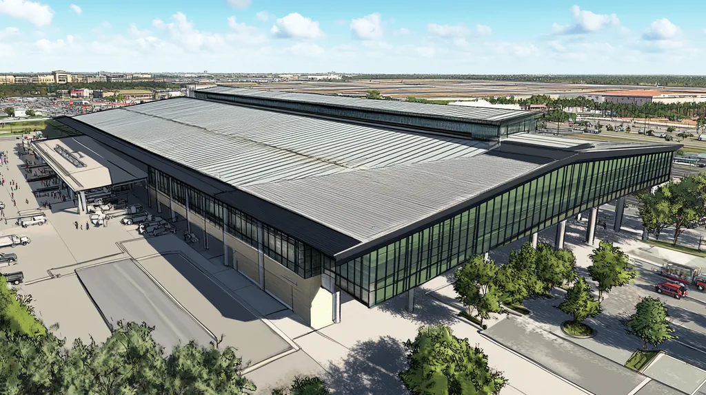 A commercial roof on an airport terminal in a location similar to New Orleans with a comic book style aesthetic (AI image)