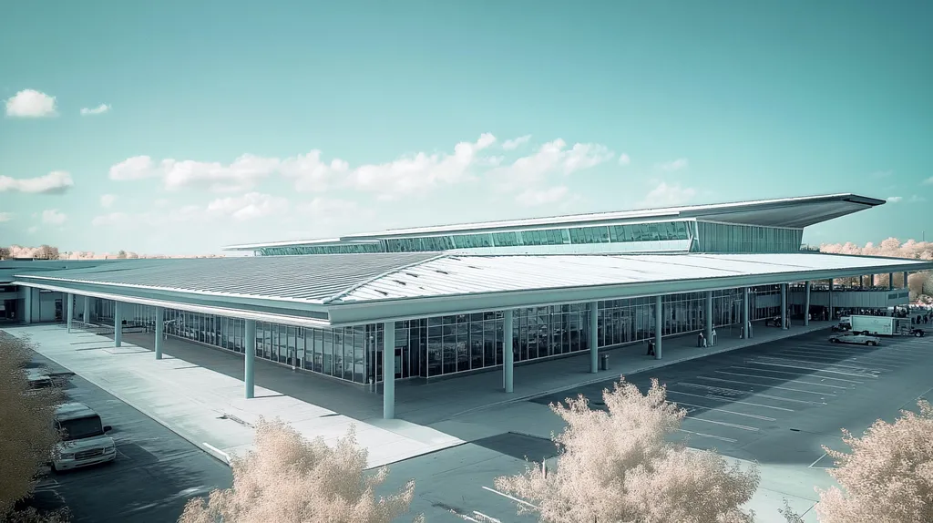 A commercial roof on an airport terminal in a location similar to New Orleans with an infrared photography aesthetic (AI image)