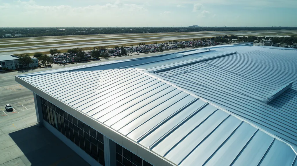 A commercial roof on an airport terminal in a location similar to New Orleans with a stainless steel aesthetic (AI image)