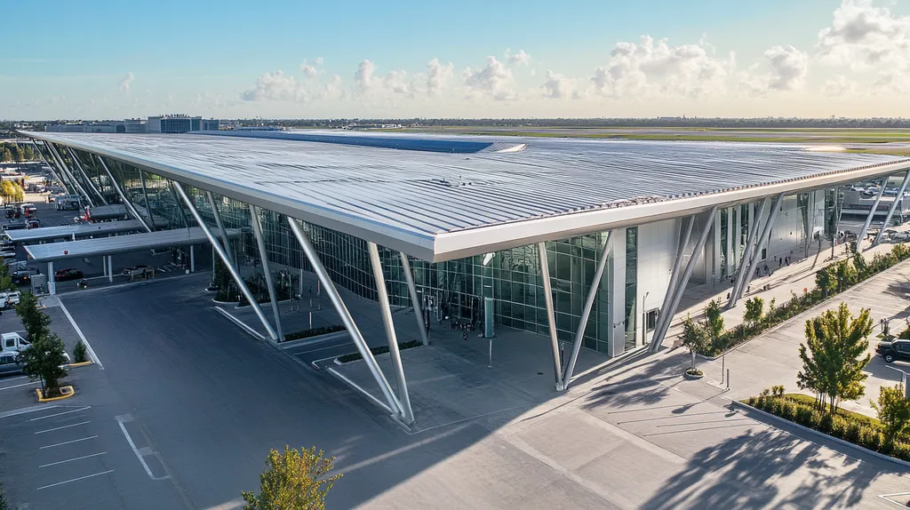 A commercial roof on an airport terminal in a location similar to New Orleans with a stainless steel aesthetic (AI image)