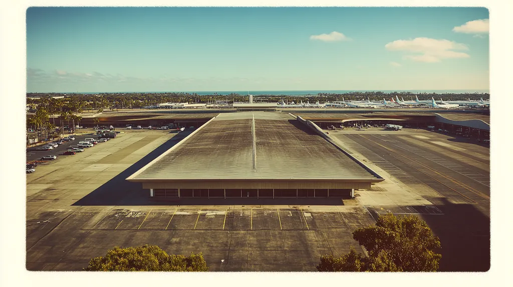 A commercial roof on an airport terminal in a location similar to Newport Beach with a Polaroid aesthetic (AI image)