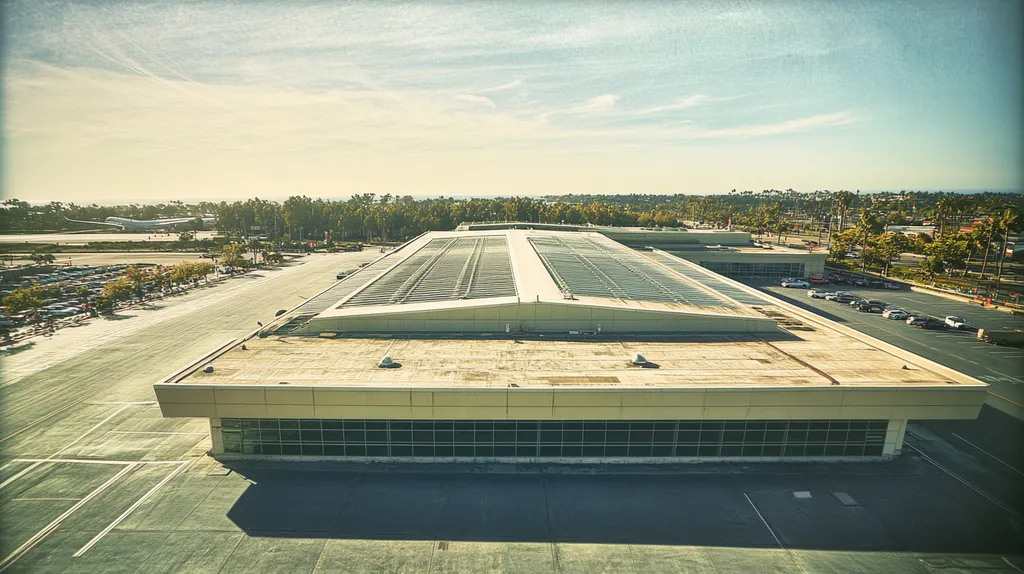 A commercial roof on an airport terminal in a location similar to Newport Beach with a Polaroid aesthetic (AI image)
