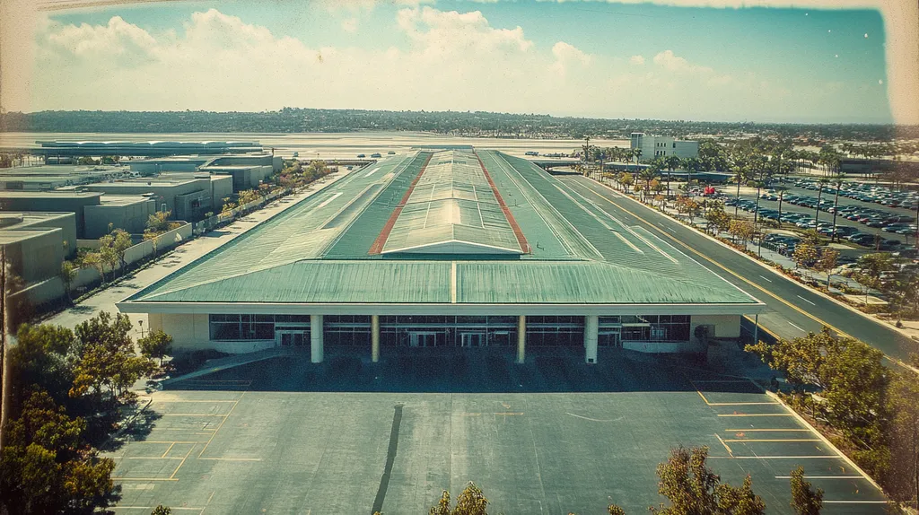 A commercial roof on an airport terminal in a location similar to Newport Beach with a Polaroid aesthetic (AI image)