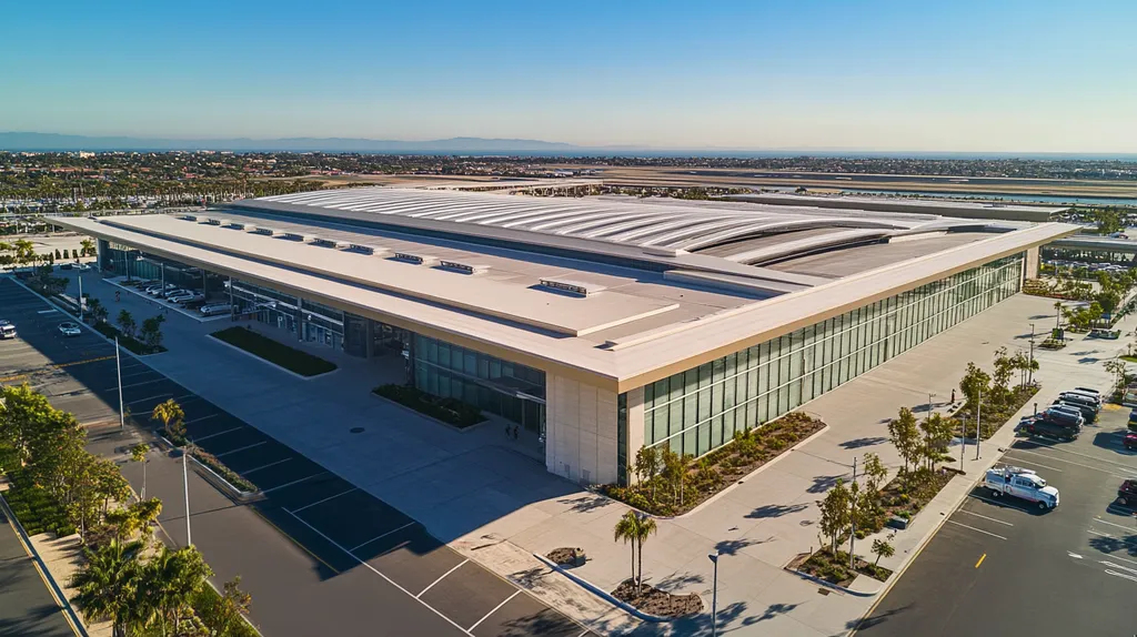 A commercial roof on an airport terminal in a location similar to Newport Beach with an architectural photography aesthetic (AI image)