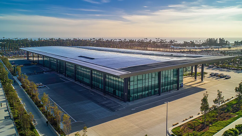 A commercial roof on an airport terminal in a location similar to Newport Beach with an architectural photography aesthetic (AI image)
