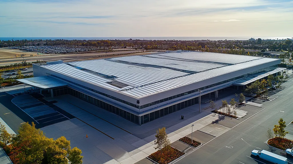 A commercial roof on an airport terminal in a location similar to Newport Beach with an architectural photography aesthetic (AI image)