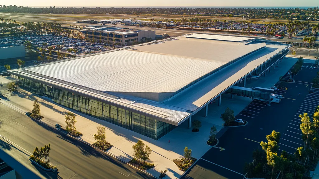 A commercial roof on an airport terminal in a location similar to Newport Beach with an architectural photography aesthetic (AI image)