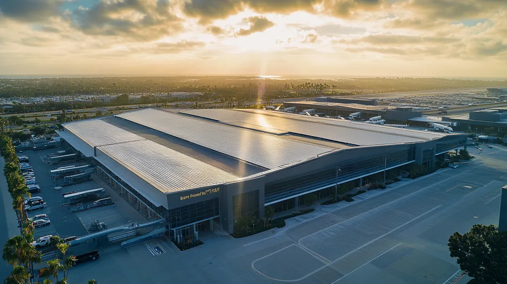 A commercial roof on an airport terminal in a location similar to Newport Beach with a light beams aesthetic (AI image)