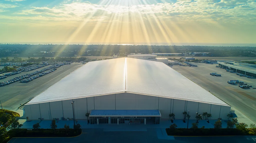 A commercial roof on an airport terminal in a location similar to Newport Beach with a light beams aesthetic (AI image)