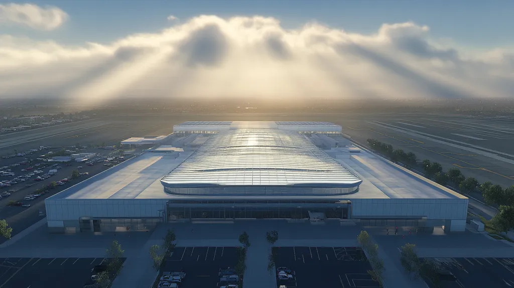A commercial roof on an airport terminal in a location similar to Newport Beach with a light beams aesthetic (AI image)