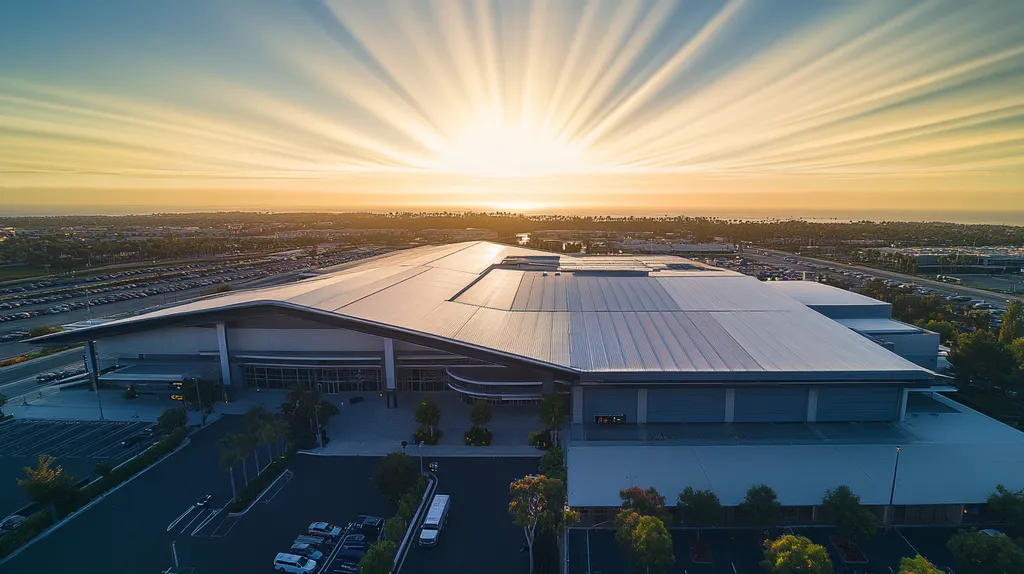 A commercial roof on an airport terminal in a location similar to Newport Beach with a light beams aesthetic (AI image)