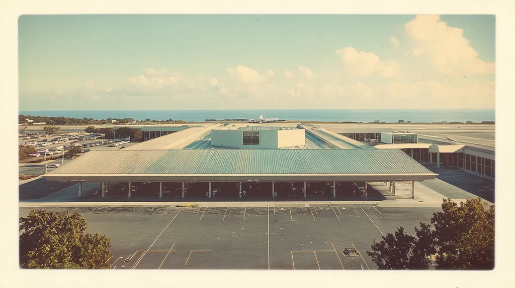 A commercial roof on an airport terminal in a location similar to Newport, Rhode Island with a Polaroid aesthetic (AI image)