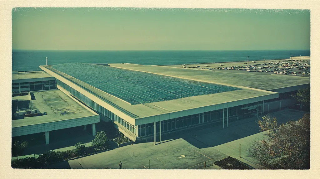 A commercial roof on an airport terminal in a location similar to Newport, Rhode Island with a Polaroid aesthetic (AI image)