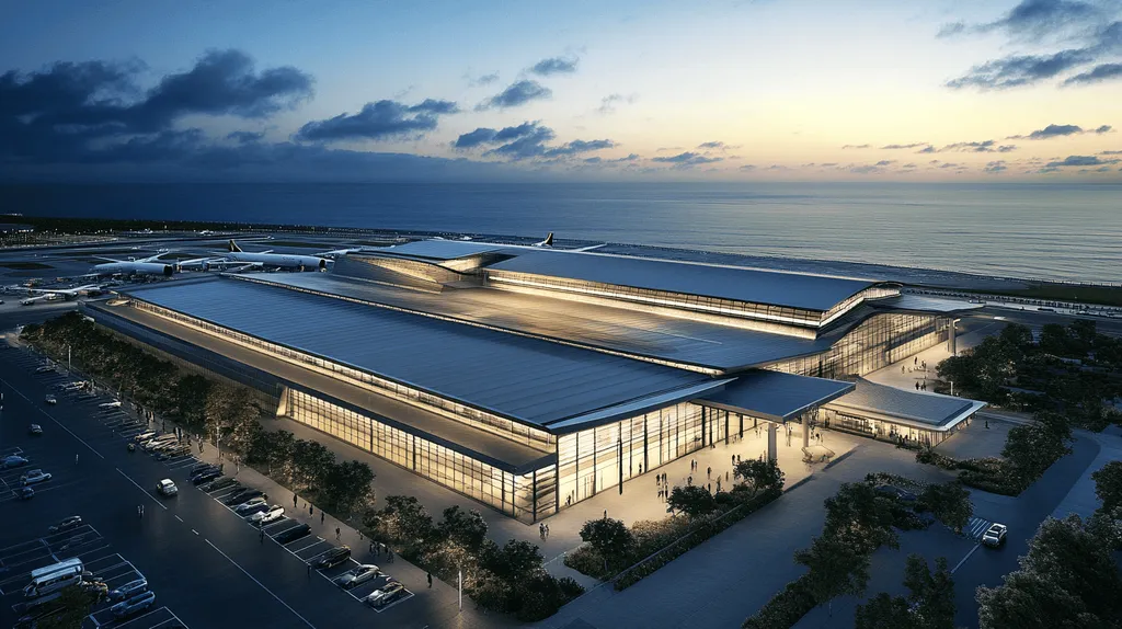 A commercial roof on an airport terminal in a location similar to Newport, Rhode Island with an illuminated nightscape aesthetic (AI image)
