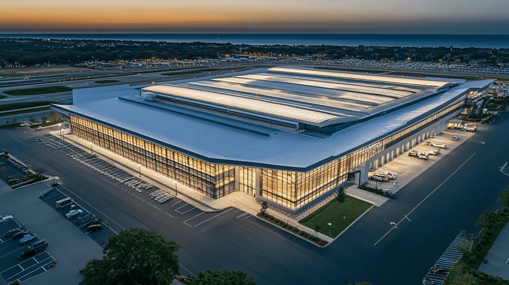 A commercial roof on an airport terminal in a location similar to Newport, Rhode Island with an illuminated nightscape aesthetic (AI image)