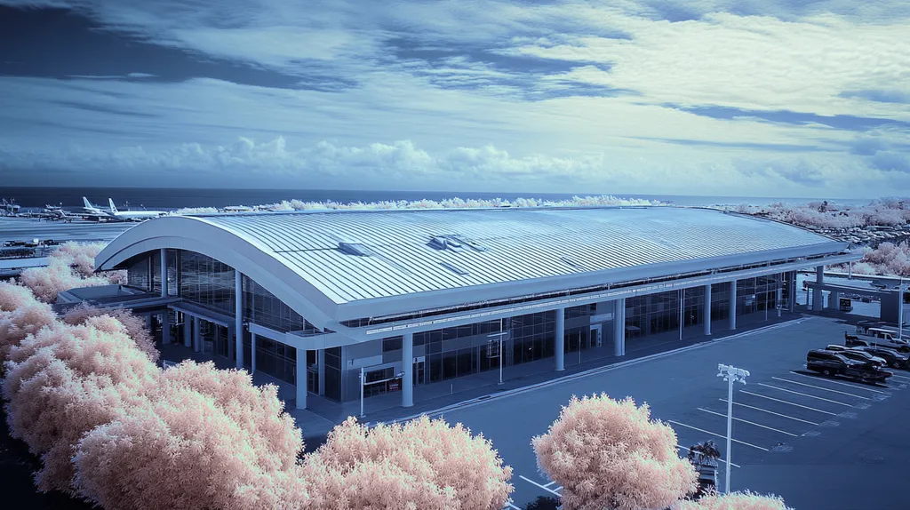 A commercial roof on an airport terminal in a location similar to Newport, Rhode Island with an infrared photography aesthetic (AI image)