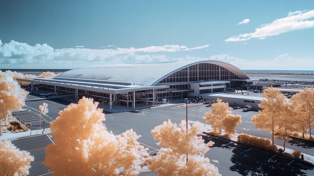 A commercial roof on an airport terminal in a location similar to Newport, Rhode Island, with an infrared photography aesthetic (AI image)