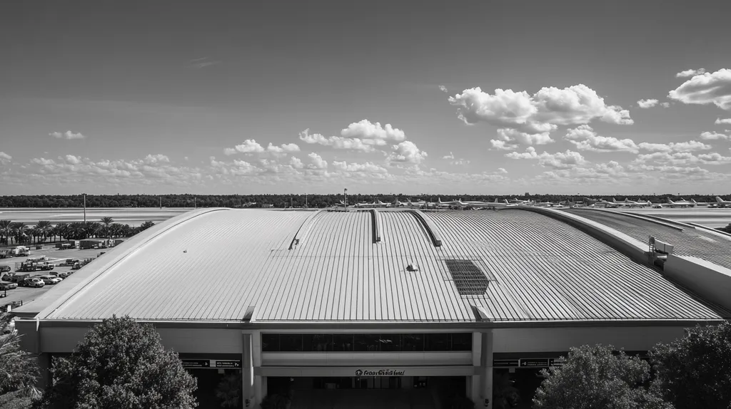 A commercial roof on an airport terminal in a location similar to Orlando with a black and white photography aesthetic (AI image)