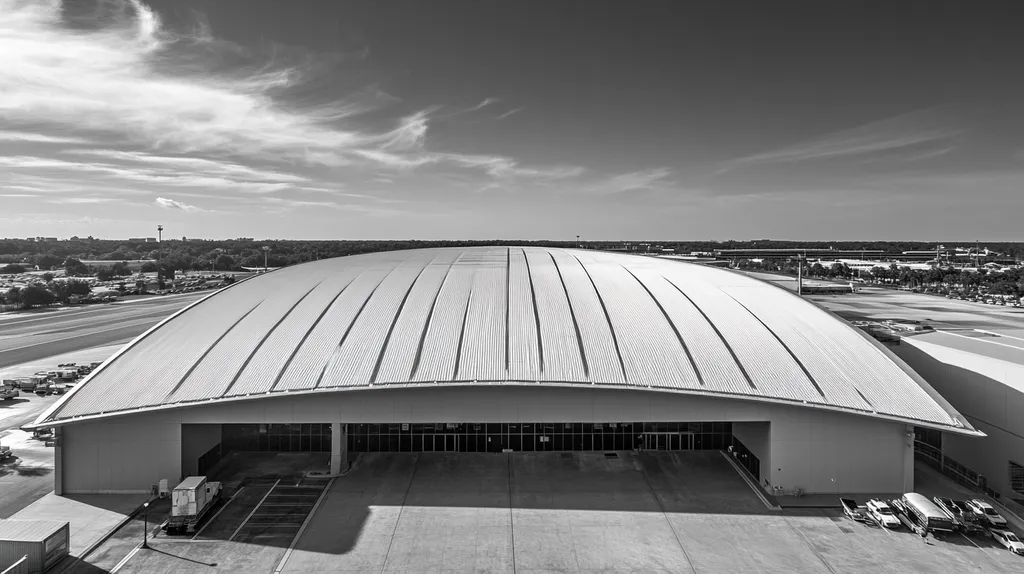A commercial roof on an airport terminal in a location similar to Orlando with a black and white photography aesthetic (AI image)