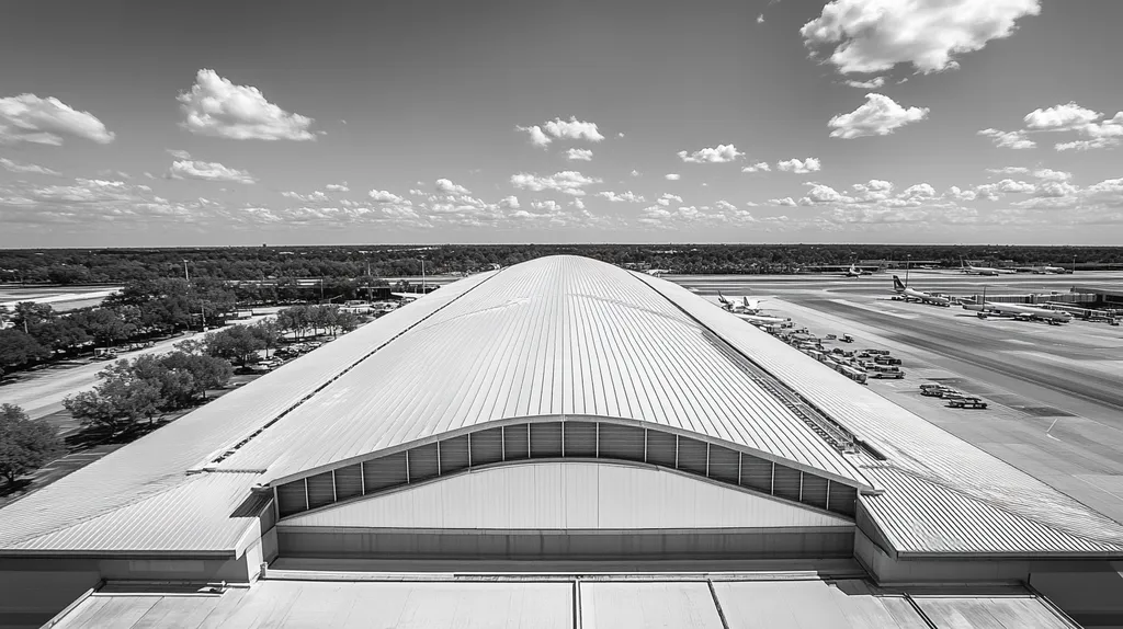 A commercial roof on an airport terminal in a location similar to Orlando with a black and white photography aesthetic (AI image)