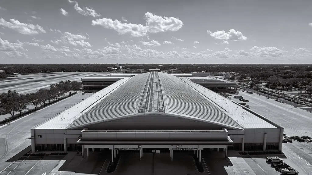 A commercial roof on an airport terminal in a location similar to Orlando with a black and white photography aesthetic (AI image)