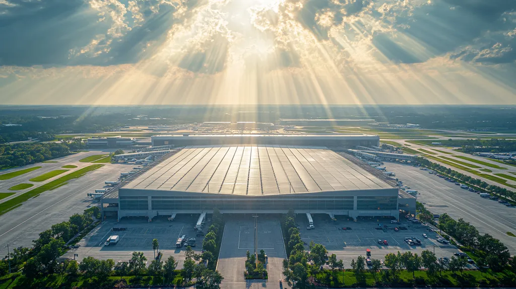 A commercial roof on an airport terminal in a location similar to Orlando with a light beams aesthetic (AI image)