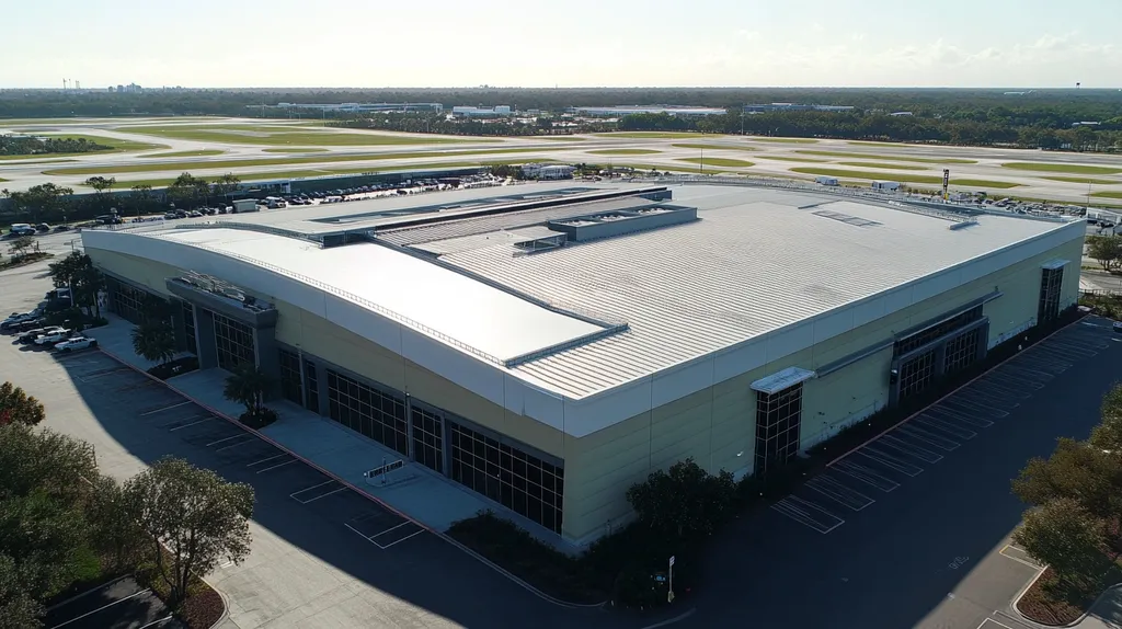 A commercial roof on an airport terminal in a location similar to Orlando with a rainy day aesthetic (AI image)