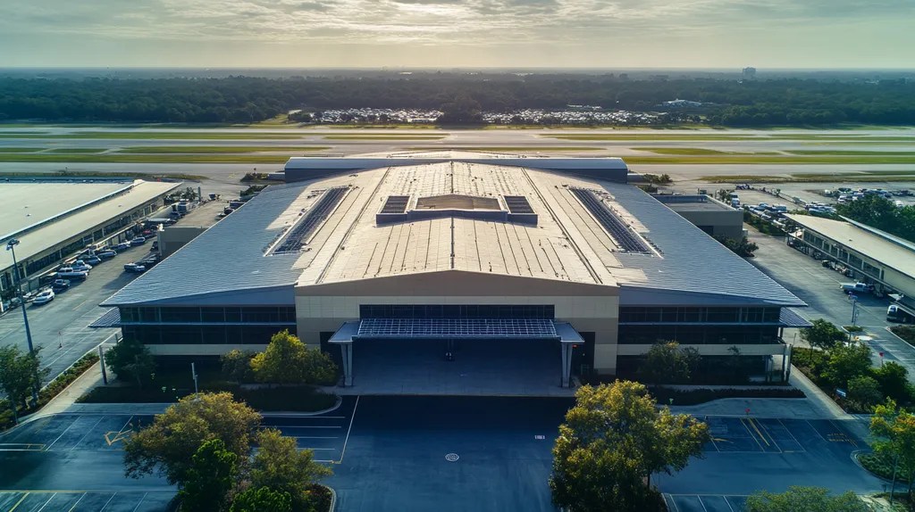 A commercial roof on an airport terminal in a location similar to Orlando with a rainy day aesthetic (AI image)