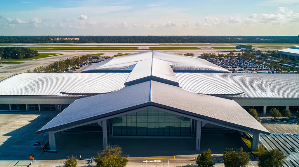 A commercial roof on an airport terminal in a location similar to Orlando with a snowy day aesthetic (AI image)