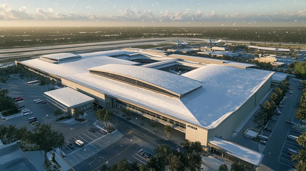 A commercial roof on an airport terminal in a location similar to Orlando with a snowy day aesthetic (AI image)