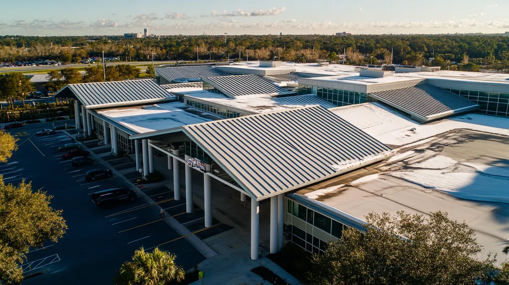 A commercial roof on an airport terminal in a location similar to Orlando with a snowy day aesthetic (AI image)