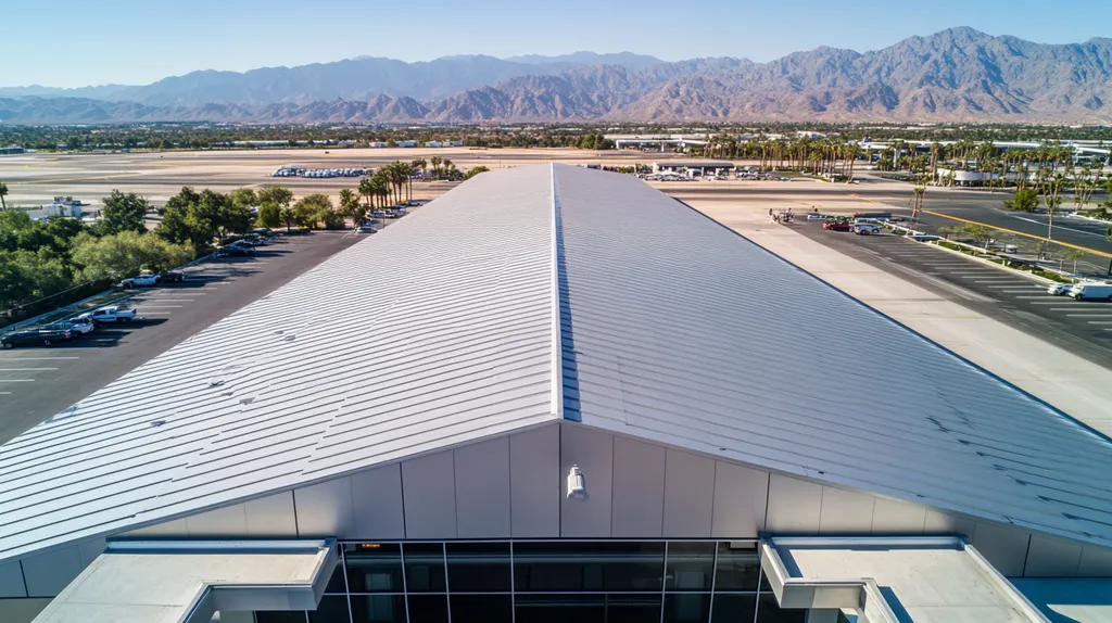 A commercial roof on an airport terminal in a location similar to Palm Springs with a stainless steel aesthetic (AI image)