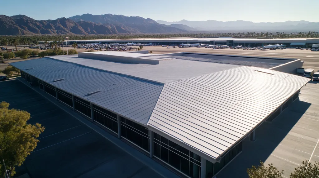 A commercial roof on an airport terminal in a location similar to Palm Springs with a stainless steel aesthetic (AI image)