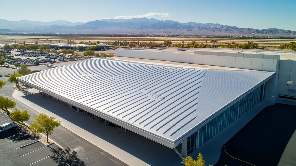 A commercial roof on an airport terminal in a location similar to Palm Springs with a stainless steel aesthetic (AI image)