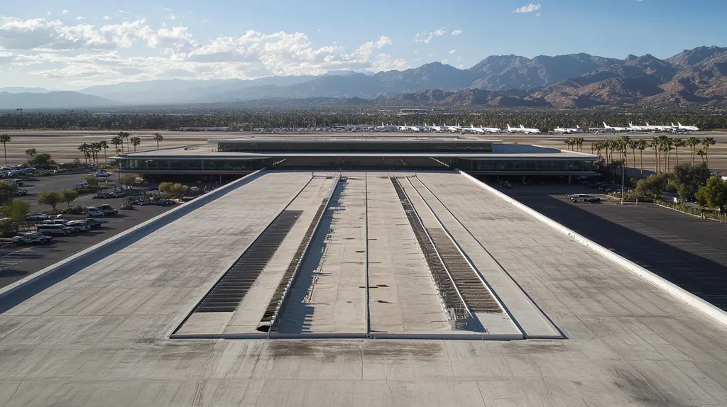 A commercial roof on an airport terminal in a location similar to Palm Springs with an urban context aesthetic (AI image)