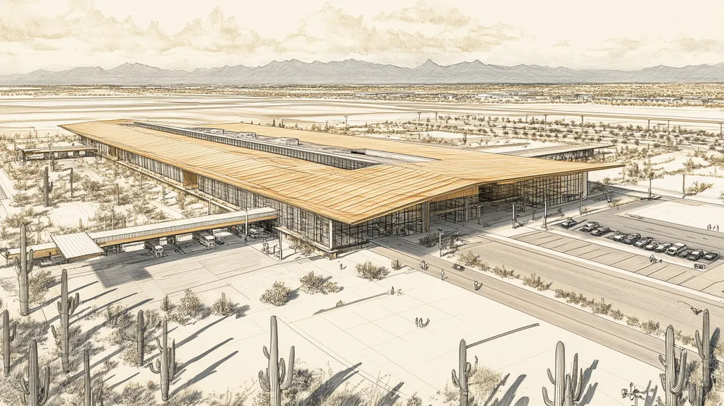 A commercial roof on an airport terminal in a location similar to Phoenix with an architectural sketch rendering aesthetic (AI image)