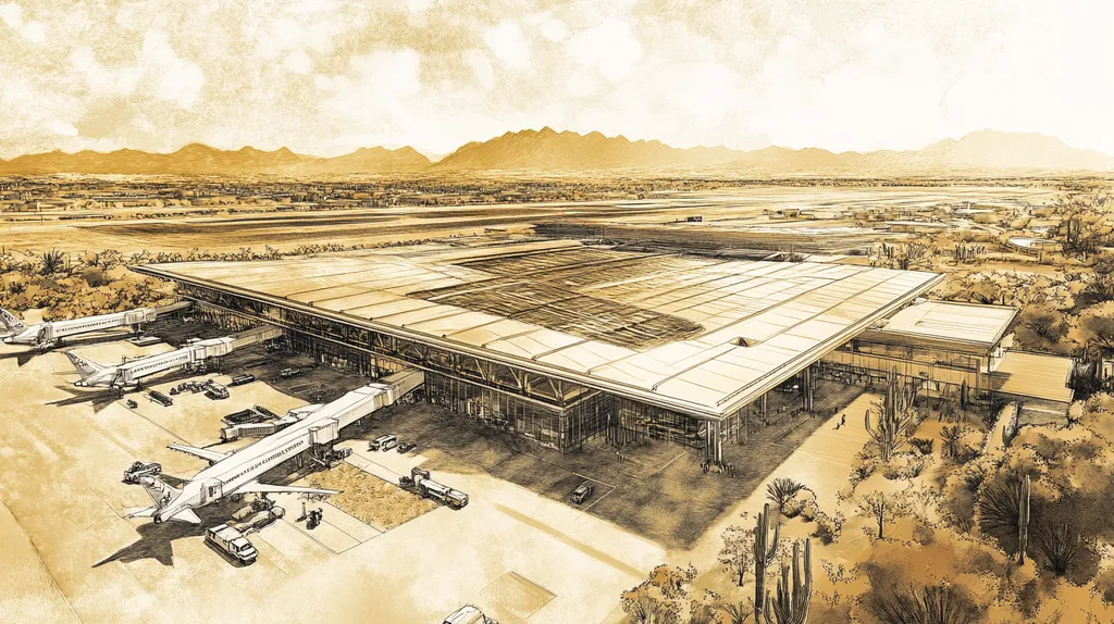 A commercial roof on an airport terminal in a location similar to Phoenix with an architectural sketch rendering aesthetic (AI image)