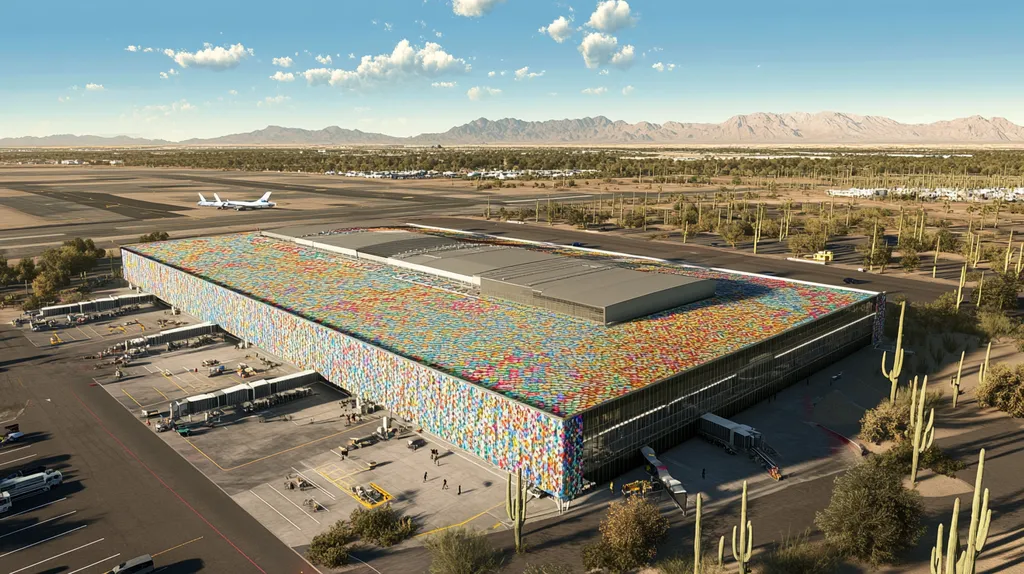 A commercial roof on an airport terminal in a location similar to Phoenix with a mosaic tile art aesthetic (AI image)