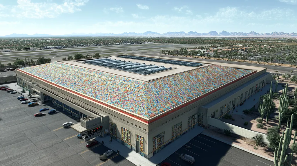 A commercial roof on an airport terminal in a location similar to Phoenix with a mosaic tile art aesthetic (AI image)