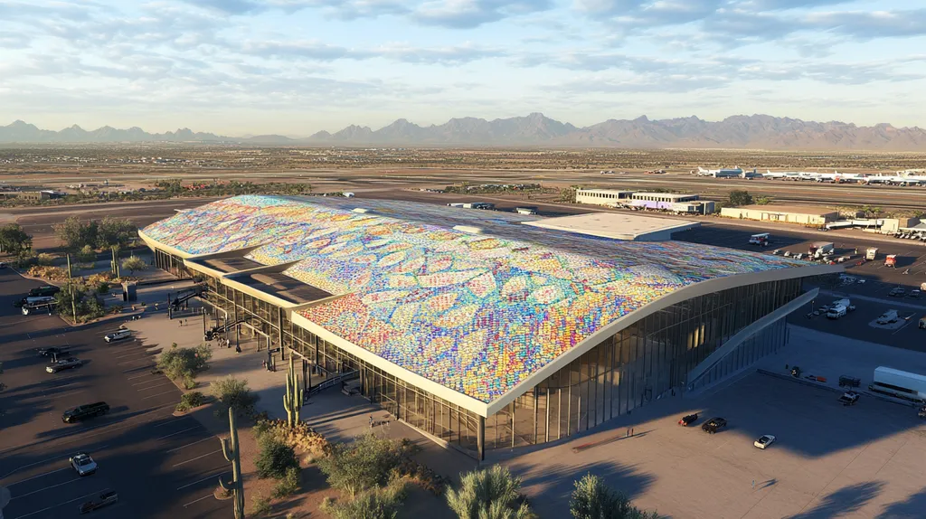 A commercial roof on an airport terminal in a location similar to Phoenix with a mosaic tile art aesthetic (AI image)